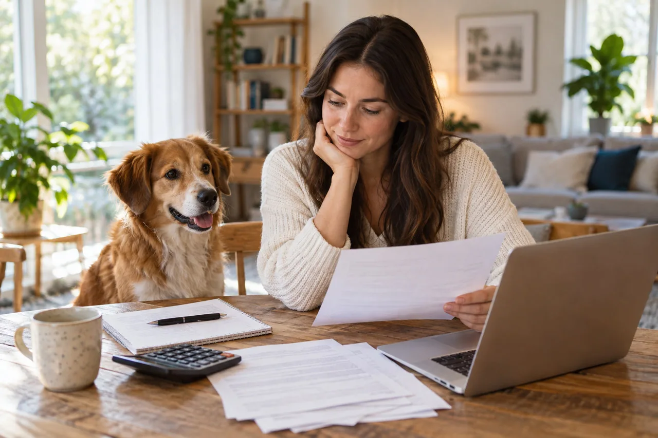 Owner considering papers beside a dog and a laptop