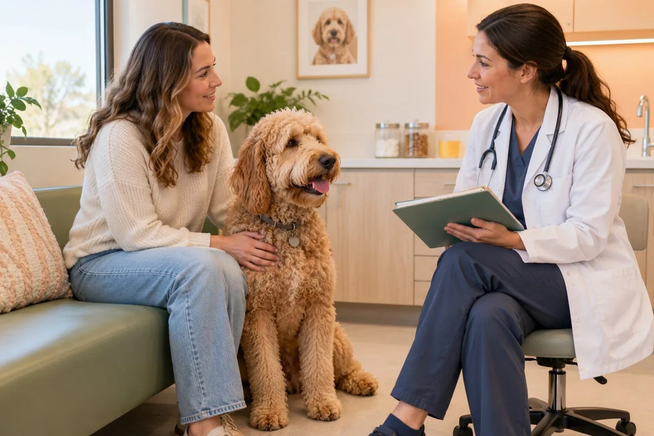 Owner discussing a folder with a veterinarian beside a curly apricot-colored dog